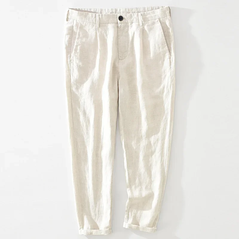 

100% Linen Man Pants Spring Summer Commute Casual Pants Men Daily Solid Straight Nine-point Pants Breathable Trousers for Men