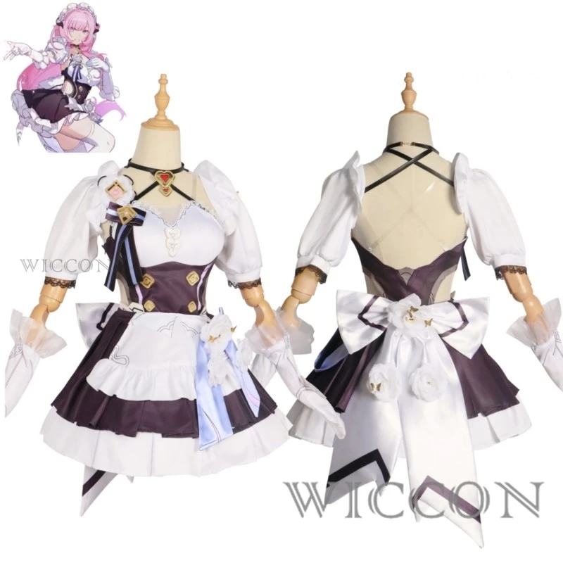 Elysia-Disfraz de Cosplay, juego Honkai Impact 3, la polilla que mujer, traje de Carnaval Kawaii, persiana las llamas, traje de sirvienta Sexy, peluca, zapatos