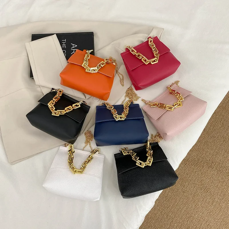 Women's Bag New Gold Rubber Chain Decoration Handheld Shoulder Bag Litchi Pattern Plain Chain Small Square Bag