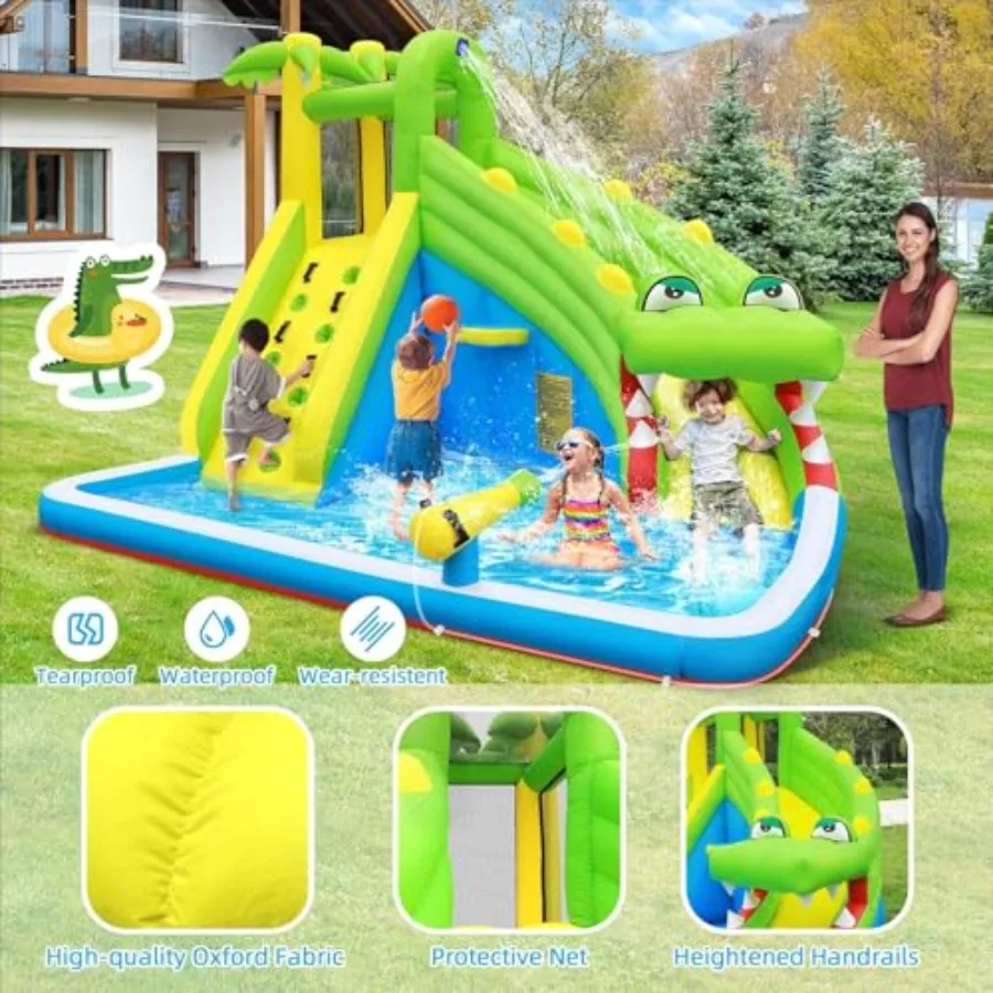 Inflatable Water Slide: 5-in-1 Crocodile Bounce House Water Park for Climbing Wall Splash Pool Water Cannon Basketball Rim PVC view 3