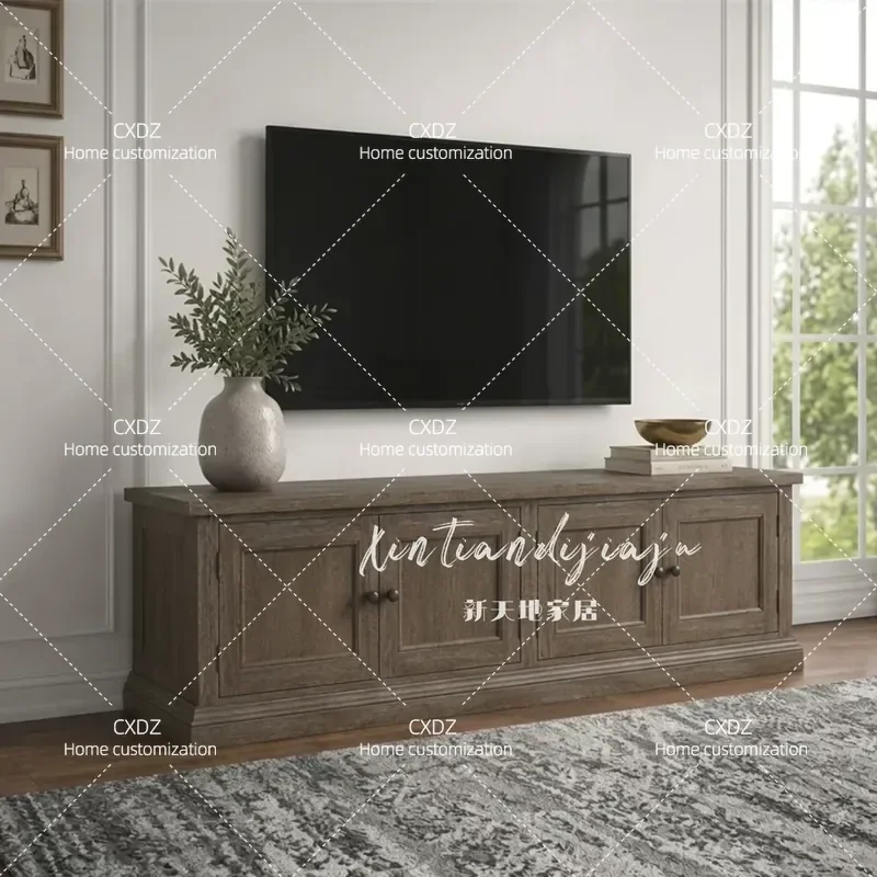 Retro TV Cabinet Living Room Wall Mounted Audio Visual Unit Floor to Ceiling Storage Cupboard for Small Apartment Rural Home