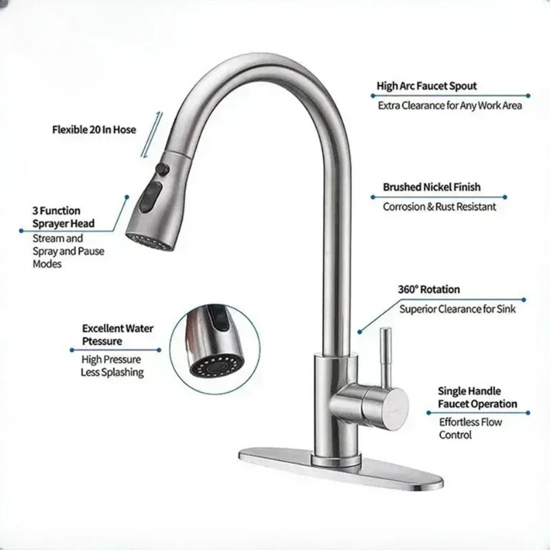304 Stainless Steel Kitchen Faucet with Hot and Cold Water Mixer Retractable Pull-Out Design for Washing Basin and Sink