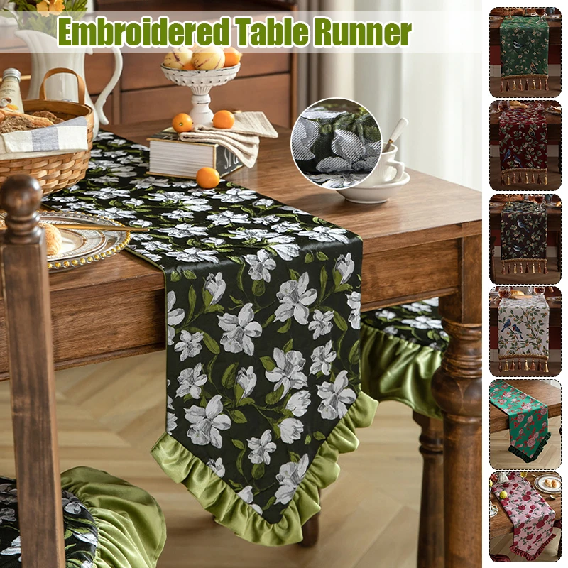 

American Retro Style Rose Flower Embroidered Table Runner Wedding Living Room Decor Ruffled Table Towel TV Cabinet Table Cover