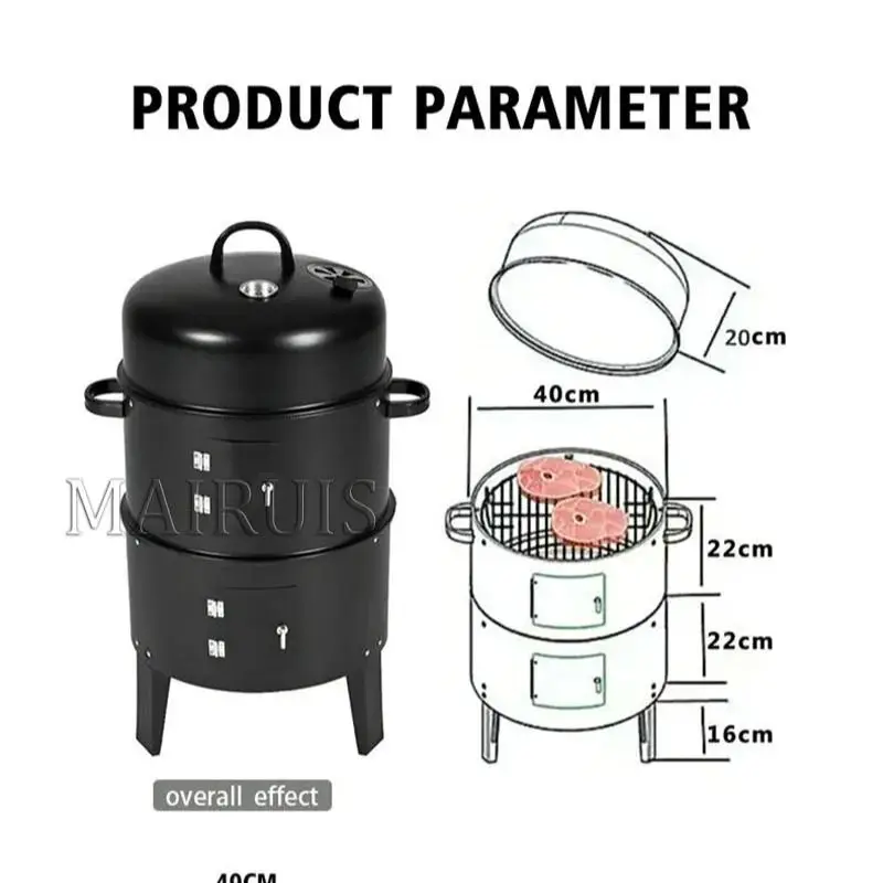 3 In 1 Charcoal Smoker Oven Bbq Roaster Grill Double Layer Steamer Camping Stove Portable Multifunctional Outdoor Barbecue Oven