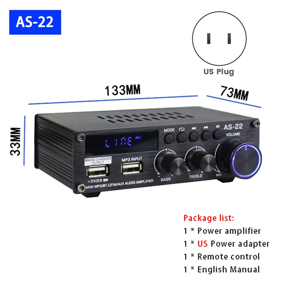 AS22 HiFi Digital Amplifier 30Wx2 2.0 Channel Car Bluetooth Amplifier Home Stereo Audio Amplifier Receiver US Plug