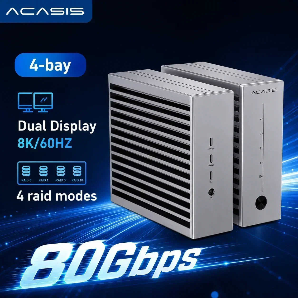 Acasis 80 Gbps/40Gbps M.2 NVMe SSD-behuizing met 4 sleuven, capaciteit van 32 TB, dubbele 8K 60 Hz PD90W voor AI-modus, werkstation voor opslag en videobewerking voor Mac Mini, snelle opslagoplossing