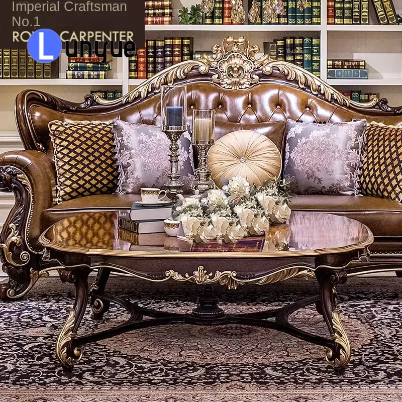 Handmade Carved Leather Sofa Solid Wood Frame  Design Luxury Villa Living Room Furniture Modern European Neoclassical Style