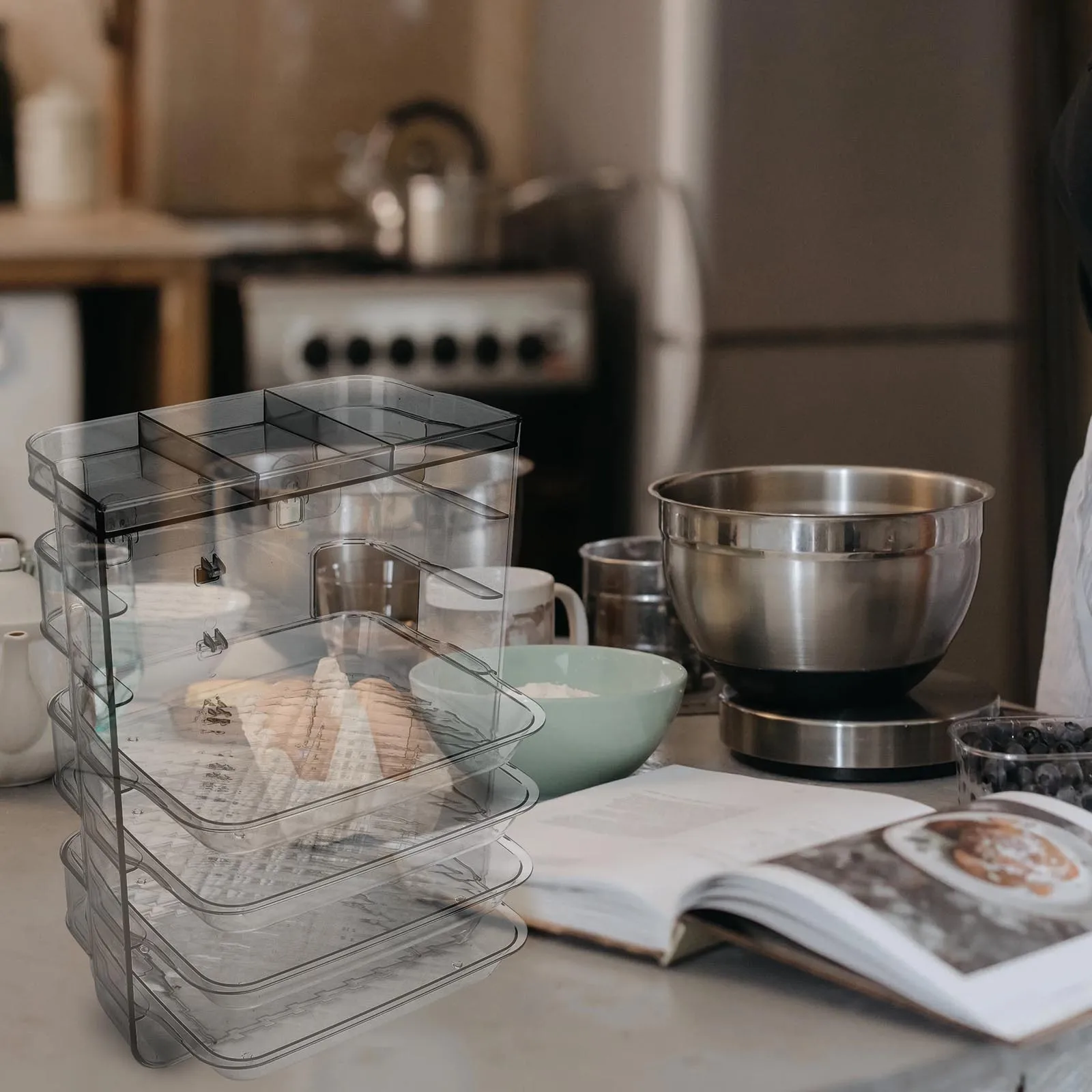 

1pc Prep Tray Organizer Kitchen Storage Rack H-Shape Buckle Anti-Slip Mat Transparent Food Holder for Kitchen