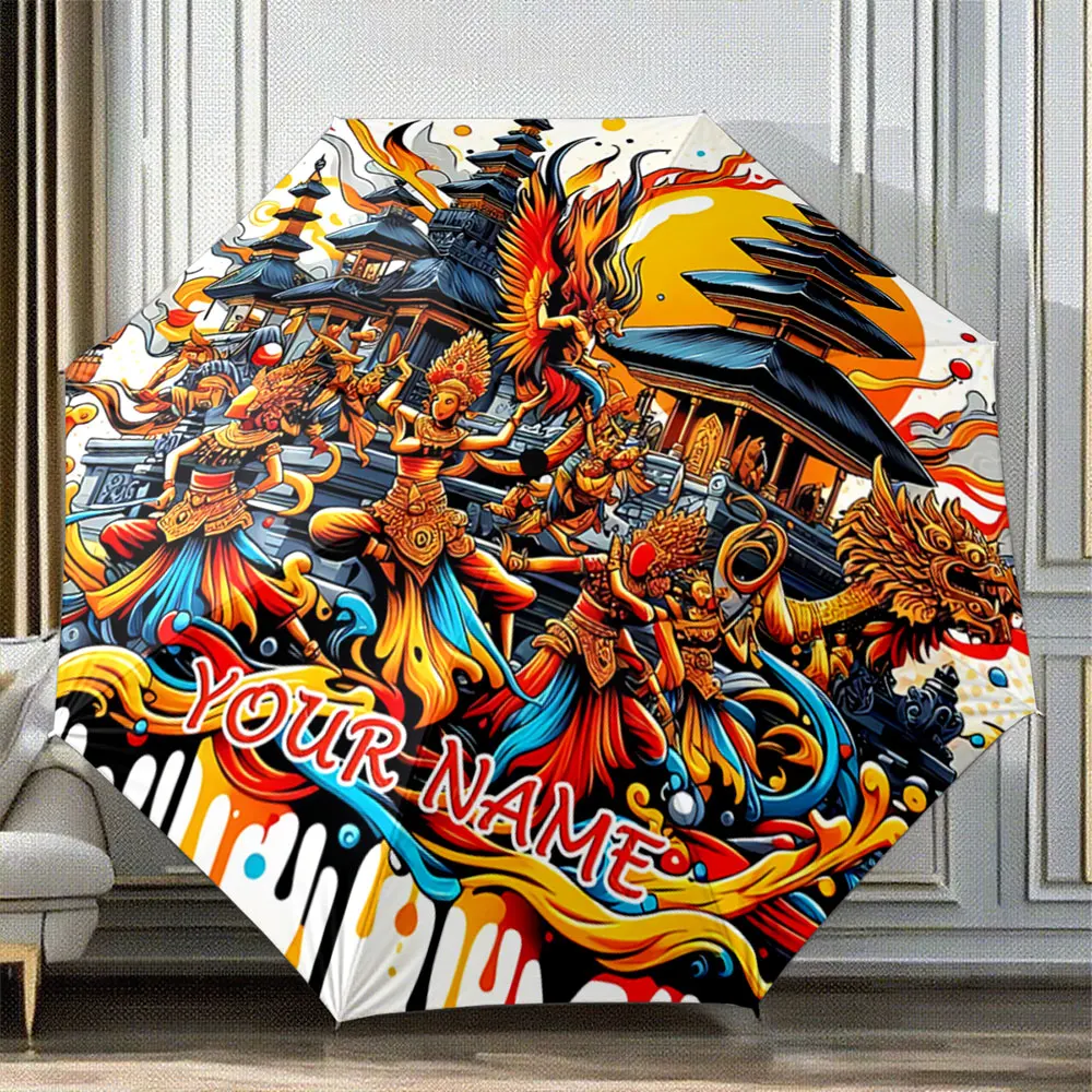 Custom Name Umbrella Bali-Inspired Art: Dancers, Temples, and Dragon Design Umbrella Portable Folding Umbrella,Christmas Gift