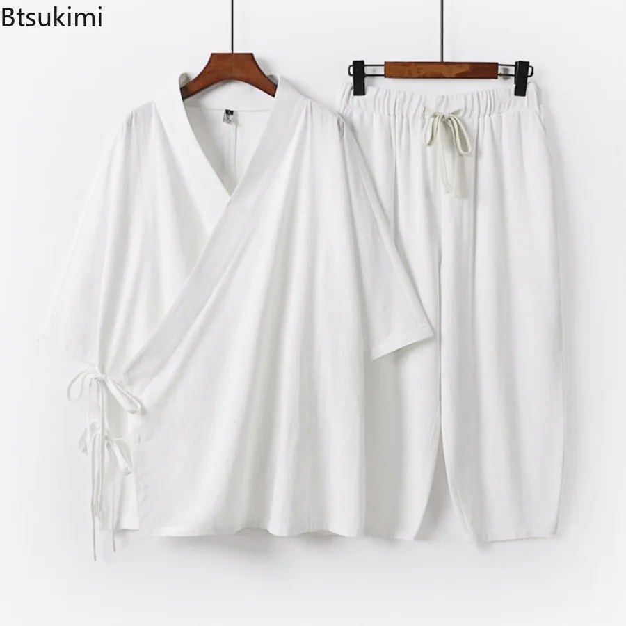 Summer Linen Set Men's Cotton and Linen Tops Vintage Casual Three Quarter Sleeve V-neck Tshirt and Seven Cents Pants 2Pcs Male