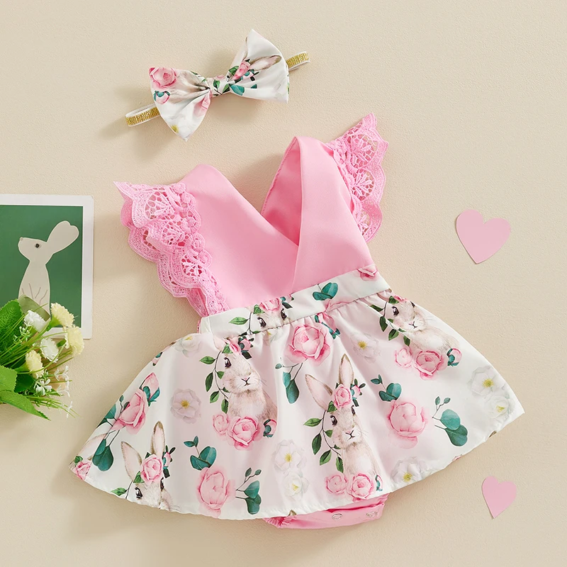 

Toddler Girls Pink Ruffle Sleeve Floral Print Romper Dress with Bunny Ear Headband for Easter Celebration