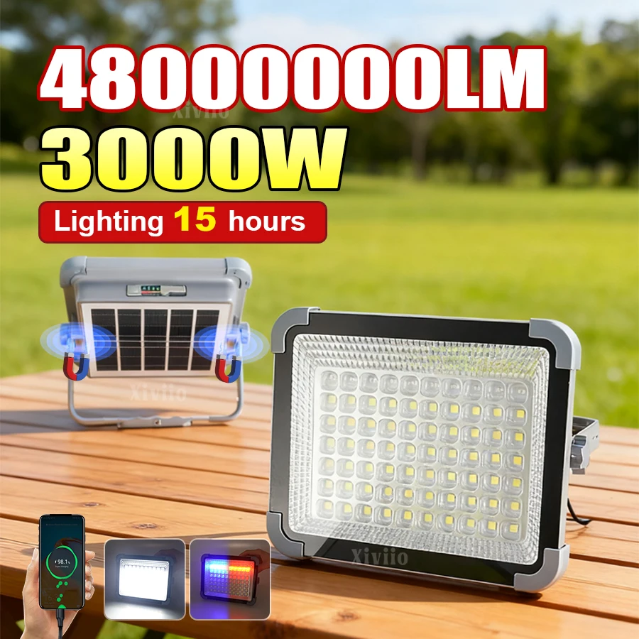 

3000 Вт Солнечный фонарь для кемпинга Перезаряжаемый сильный свет Аварийное освещение Солнечный прожектор Подвесной портативный фонарь для палатки с магнитом Power Bank Прожектор Солнечный свет