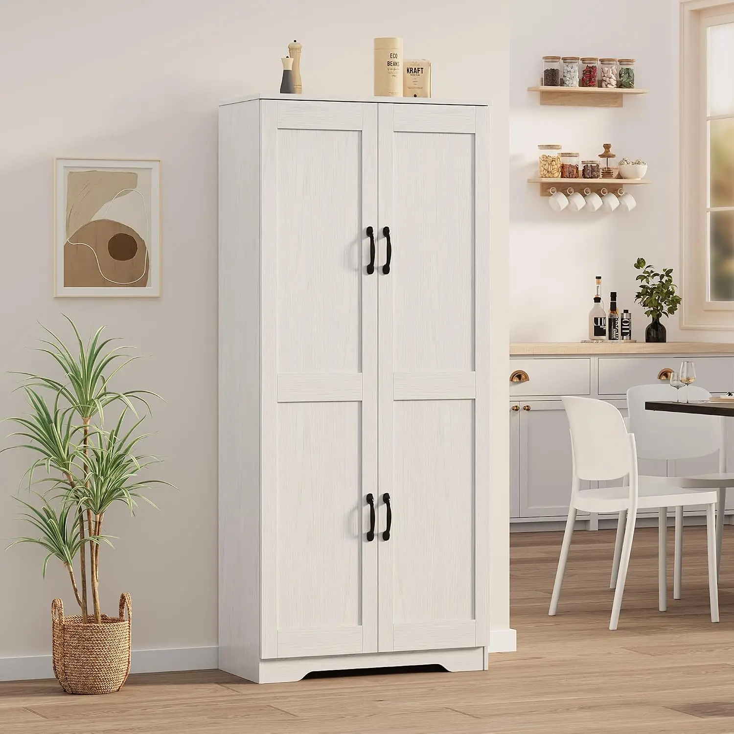 Garvee Kitchen Pantry Cabinet Wood Cabinet Nordic Luxury Armoire De Rangement Furniture White Pantry Storage Cabinet with 2 Doors and Adjustable Shelves for Dining Room Living Room