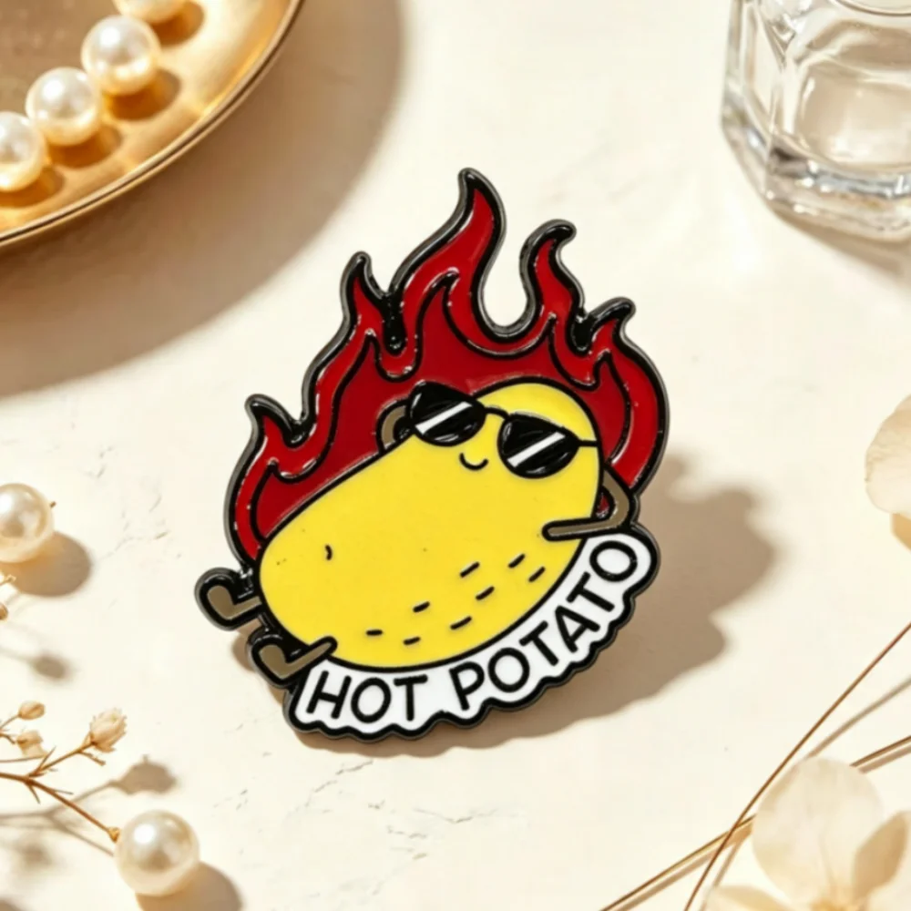 Cartoon Cool Potato Hard Enamel Badge Fire Sunglasses Detail Hot Potato Slogan Design Playful Food Lapel Pin Denim Bag Ornament