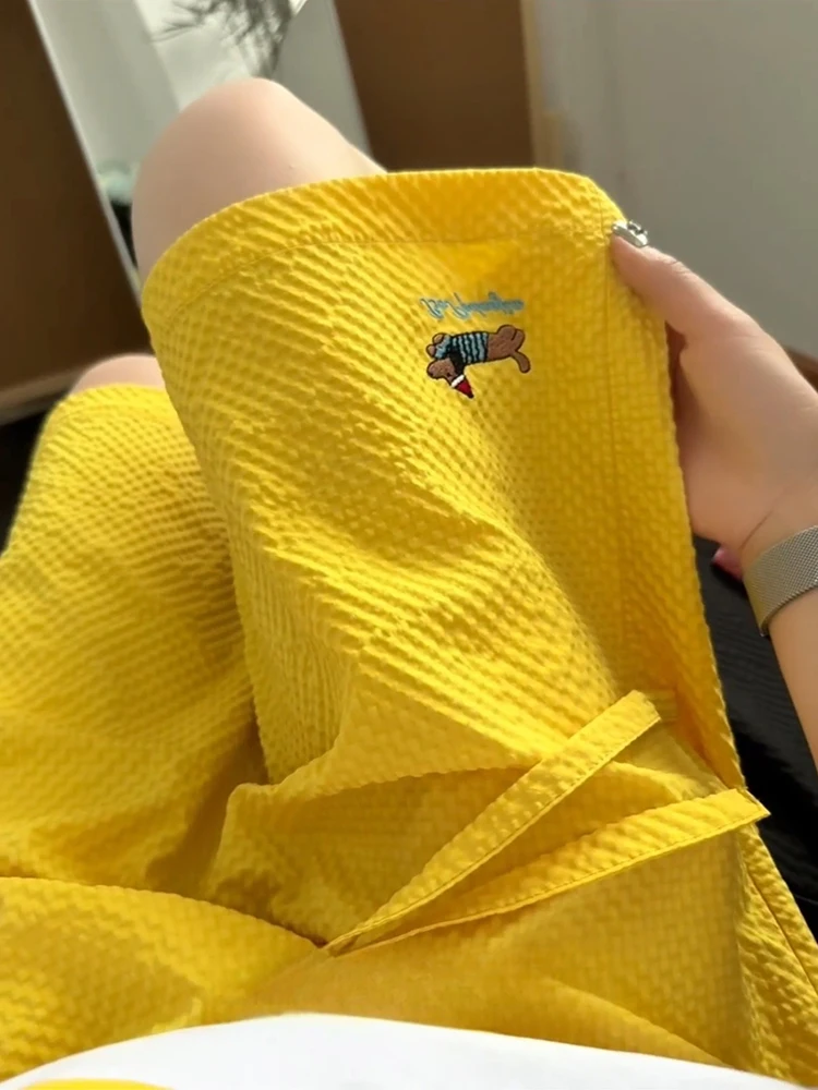 

Dopne Orange Dog Embroidery orts Thin Bubble Cloth Qui Dry Beach Pants Five-Quarter Mid-Pants ex Summer Casual Tro...