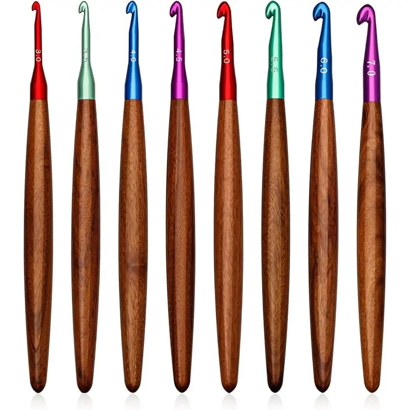 

【Festival】Ergonomic Crochet Hooks 8 PCS, 3Mm-7Mm Aluminum Hook Set With Wooden Handle, Crochet Needles