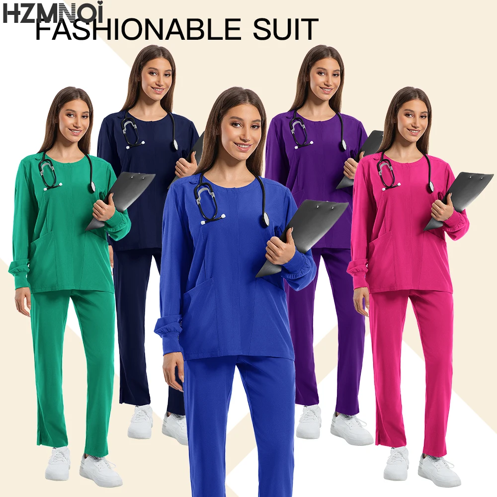 Effen kleur elastische stof lange mouwen scrubs tops scrub broek jogger tandheelkundige apotheek laboratorium operatiekamer werkuniform