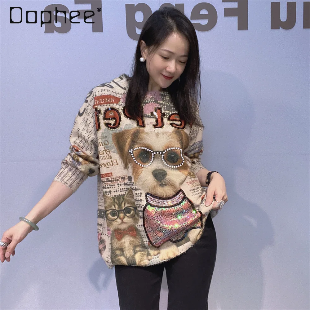 

Heavy Beaded Round Neck Pullover Sweater for Women 2025 Autumn Winter New Sequins Cartoon Loose Long-sleeved Knitted Top