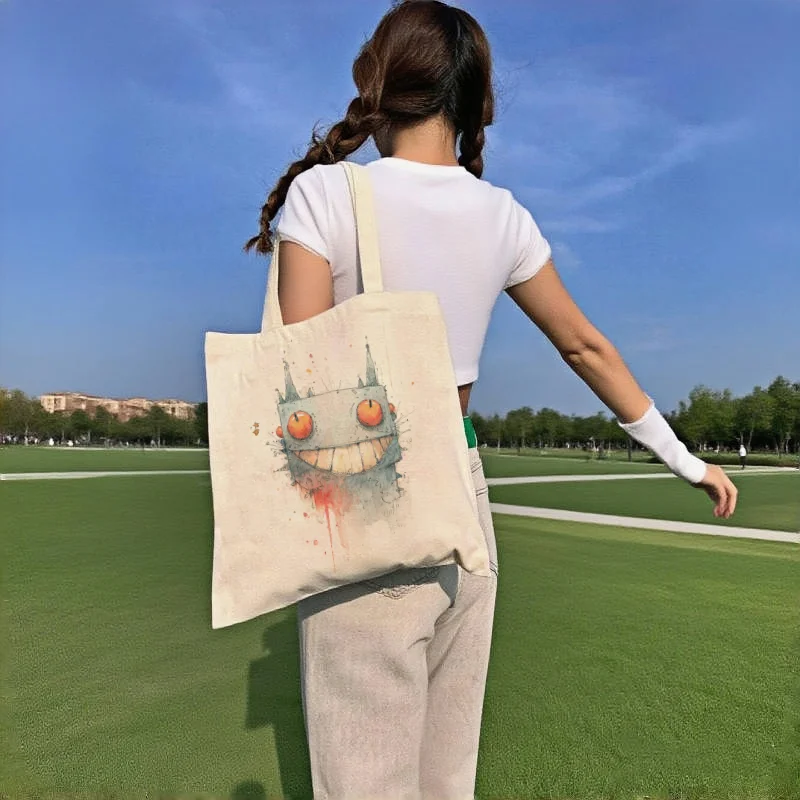 1pcCool Watercolor Monster Double-Sided Canvas Tote Bag, Casual Large Capacity Shoulder Handbag for Women, Reusable Shopping Bag