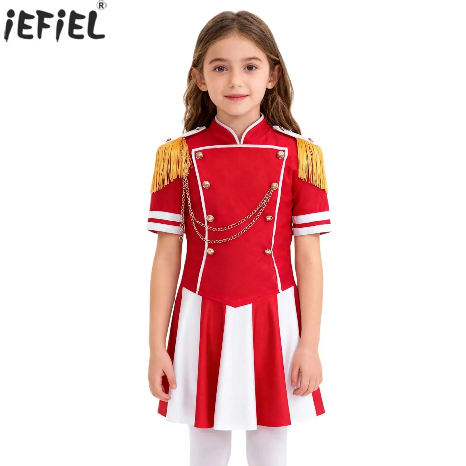 

Детский костюм мажонетки с барабанной трубой для девочек, костюм почетной гвардии, униформа с короткими рукавами и эполетами, топы с кисточками и юбкой