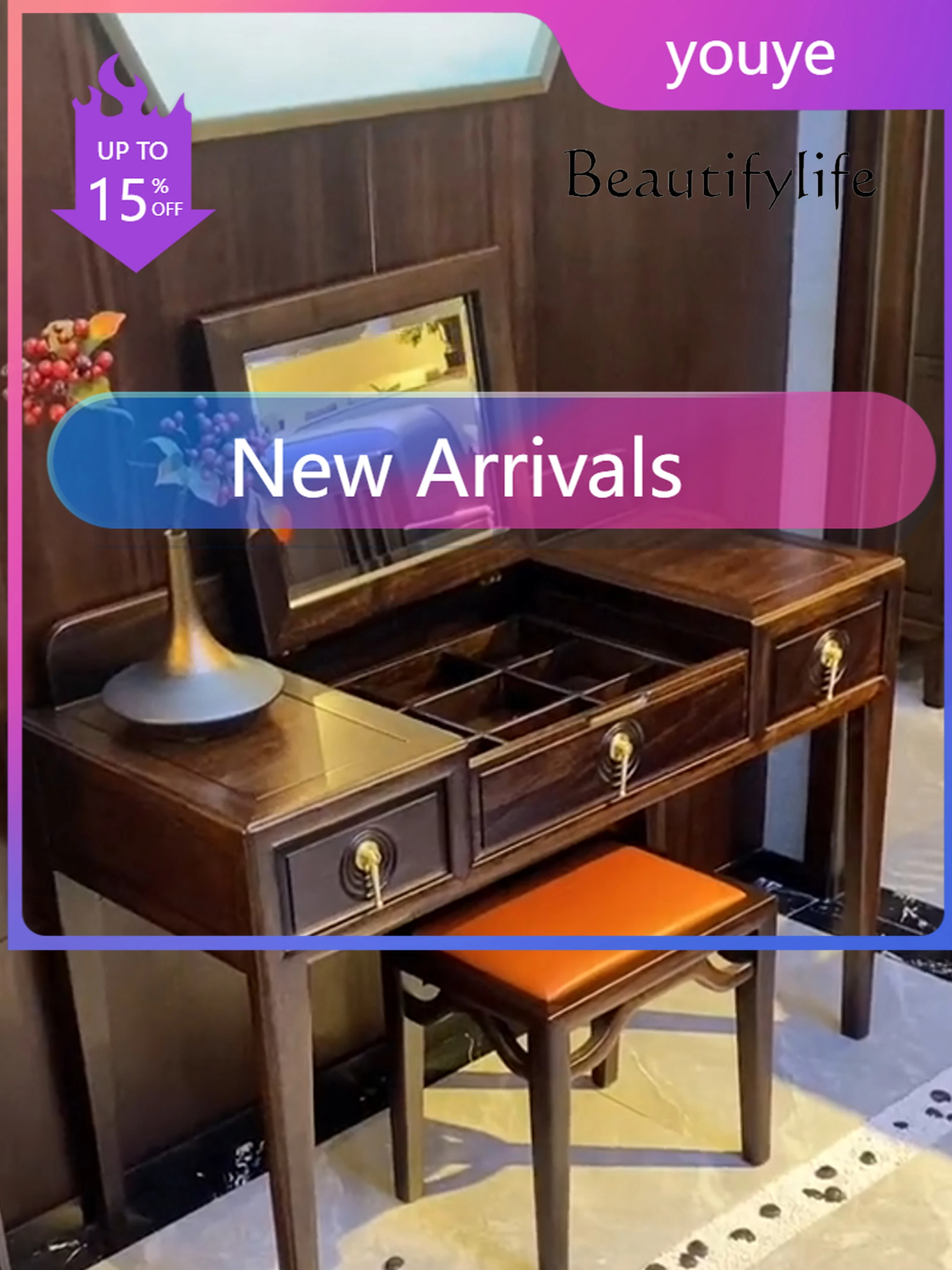 

N19 Chinese Style Ugyen Wooden Dressing Table Dressing Stool Combination Modern Minimalist Bedroom Flip Makeup Table