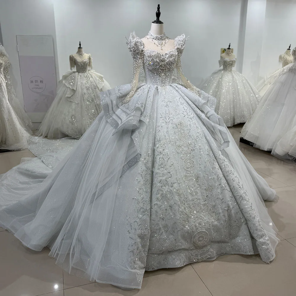 魅力的なウェディングドレスグリッターブライダルガウン長袖ローブフォーマルパーティー用背中の開いたベスティドデノビア2025カスタマイズされたXS122