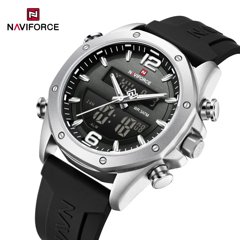 NAVIFORCE Men Quartz LCD Dual Display Watch With Silicone Strap 3ATM Waterproof Shockproof Night Light Round Case Sport Casual