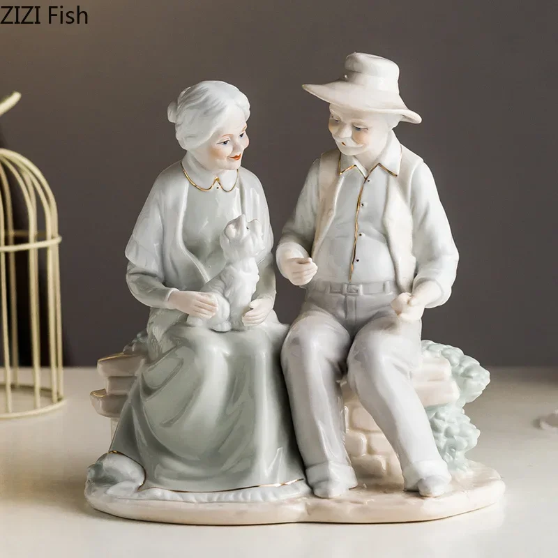 Ceramic Figure Sculpture Old Couple Elder Porcelain Handicraft Ornaments Statue Figure Home Decor Accessories Anniversary Gift