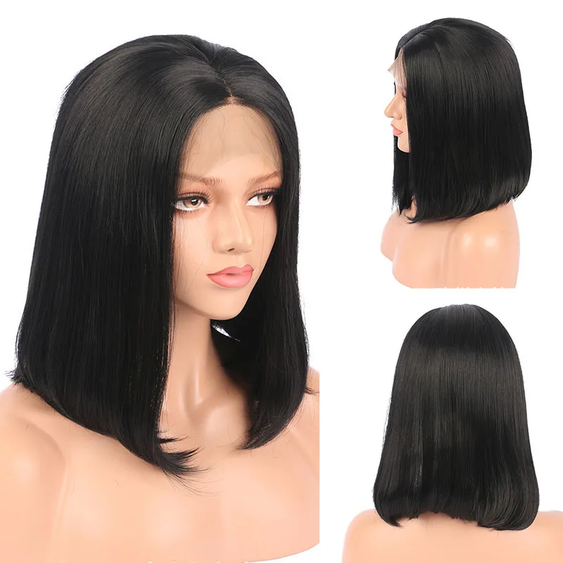 

Short Bob Soft 180Density Silky Straight Black Deep Lace Front Wig For Women With Baby Hair Glueless Synthetic Preplucked Daily