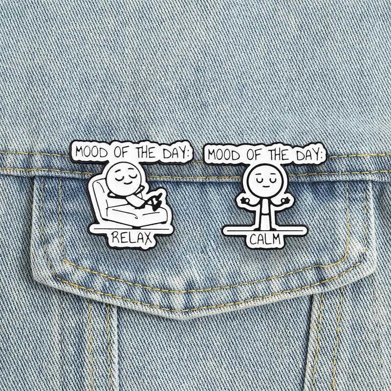 Mood Of The Day Badge Cartoon Black White Stick Figure Enamel Pins Calm Relax Sofa Slouch Brooch Gift Decor Accessories