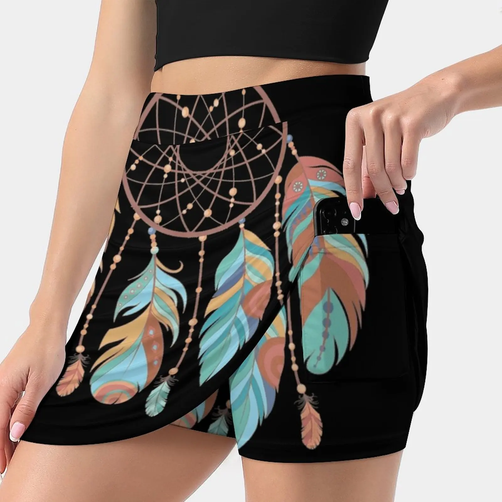 Dream Catcher Feathers Boho Dreamcatcher Gifts New Women Skirts Double-Layer Printed Short Dress Mini Sport Skirt Moon Dream