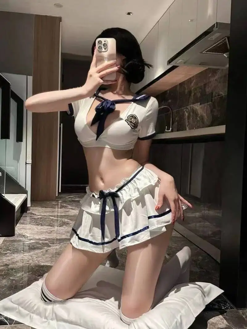 Sexy dulce JK uniforme SM corbata ahueca hacia fuera el deseo puro conjuntos de falda encantadora de manga corta pliegue fugas en el pecho conjuntos de falda elegante X6PQ
