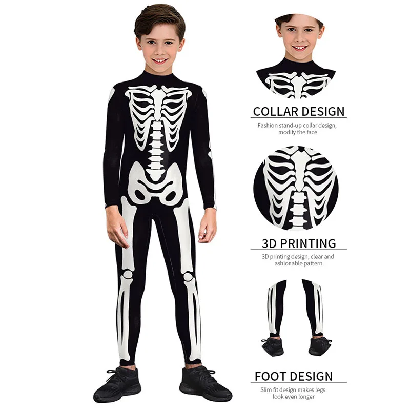 Kids Halloween Cosplay Scary Costume Zombies Skeleton Print Jumpsuit Boys Girls Zentai Suit Child Carnival Party Birthday Gifts