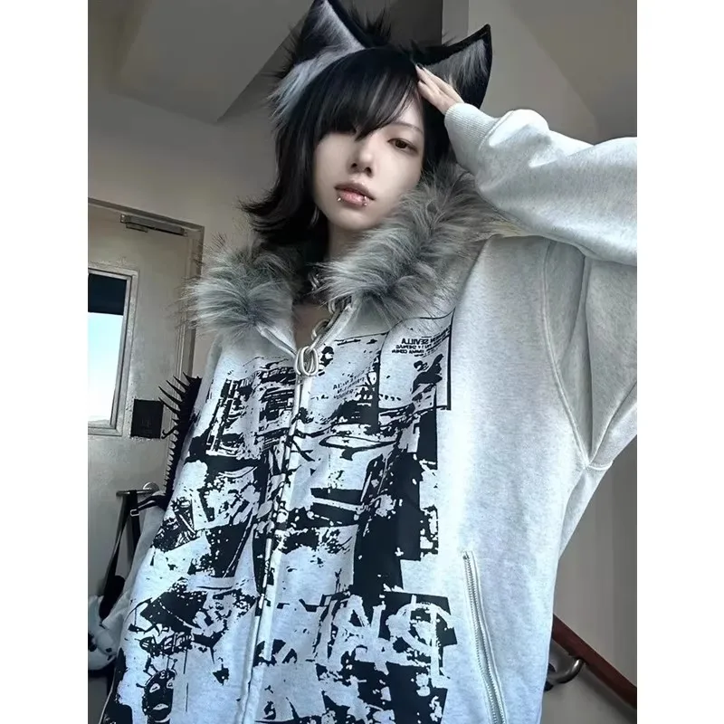 

Осенне-зимняя толстовка больших размеров в американском стиле с меховым воротником, утепленная, теплая и комфортная