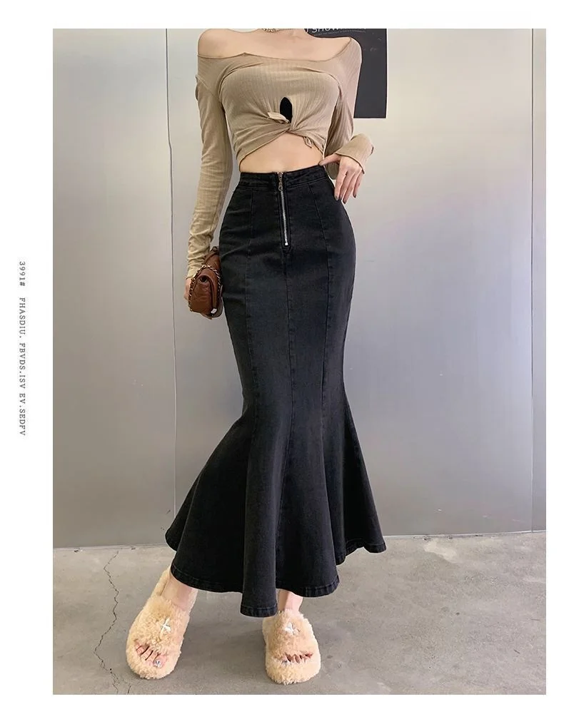 2026 Solid Slimming High Waist Midi A- Line Skirt Woman Trumpet Sides for Women Denim Half-length Skirt with Flounce