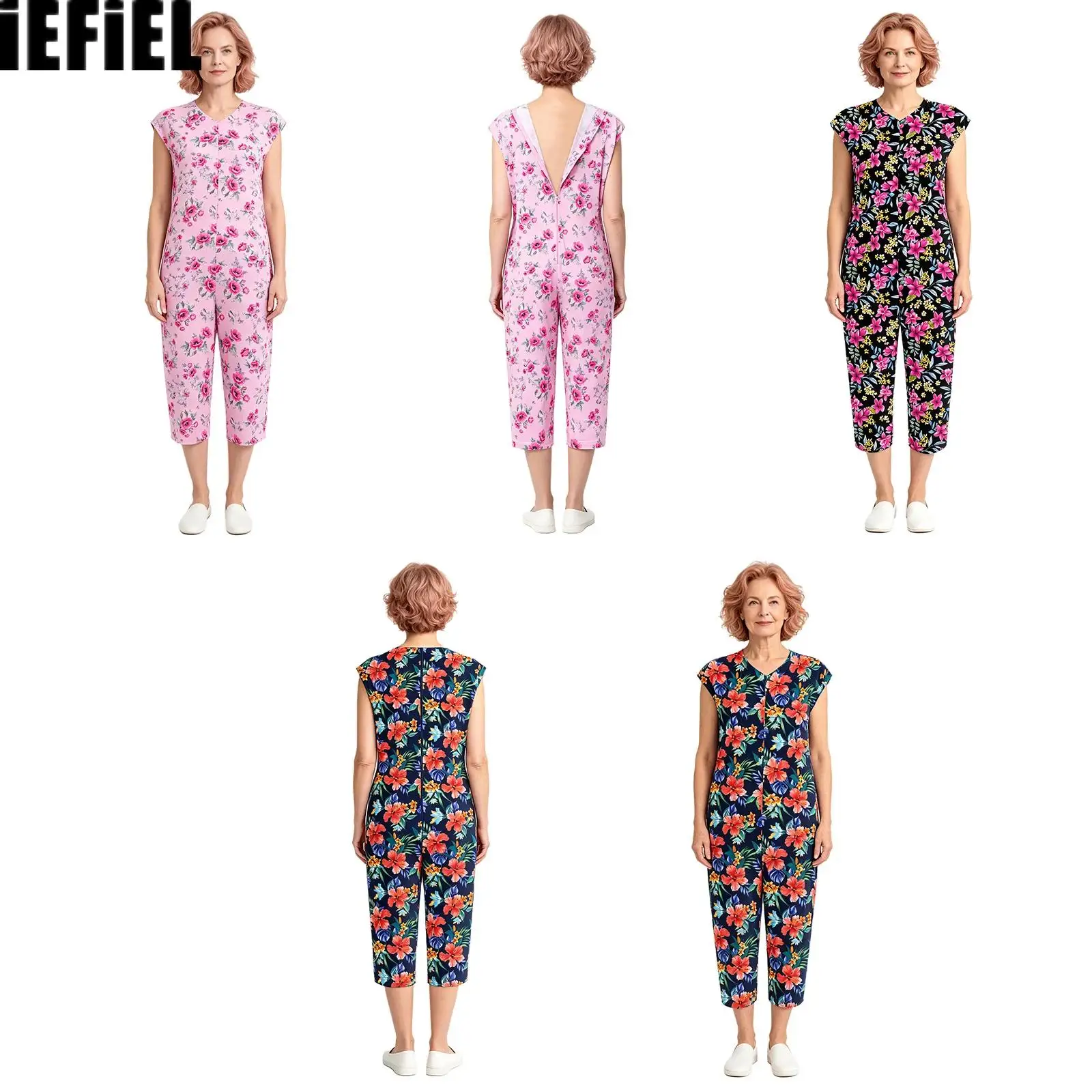 Body para Mujer con Necesidades Especiales, Cuello en V, Sin Mangas, Cierre Trasero, Estampado, Pijama para Hogares de Ancianos y Hospitales