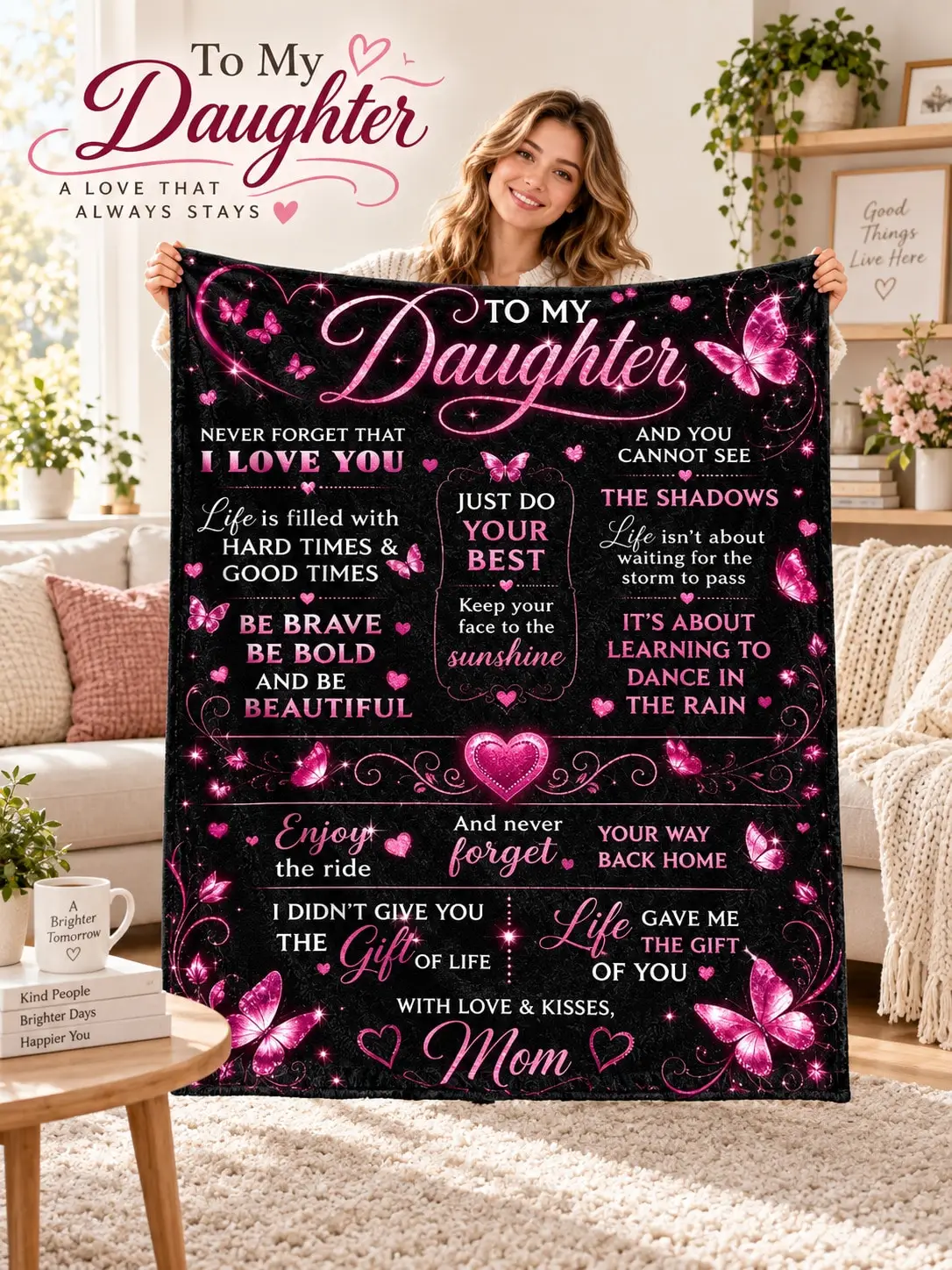 Daughter Flannel Blankets & Throws Butterfly Heart Rose Love Letter Gift From Mom for Birthday Christmas Thanksgiving Halloween Anniversary Holiday Couch Bed Sofa Reading Travel Nap Bedroom Home Decor Family Party Dorm Office Camping Picnic College