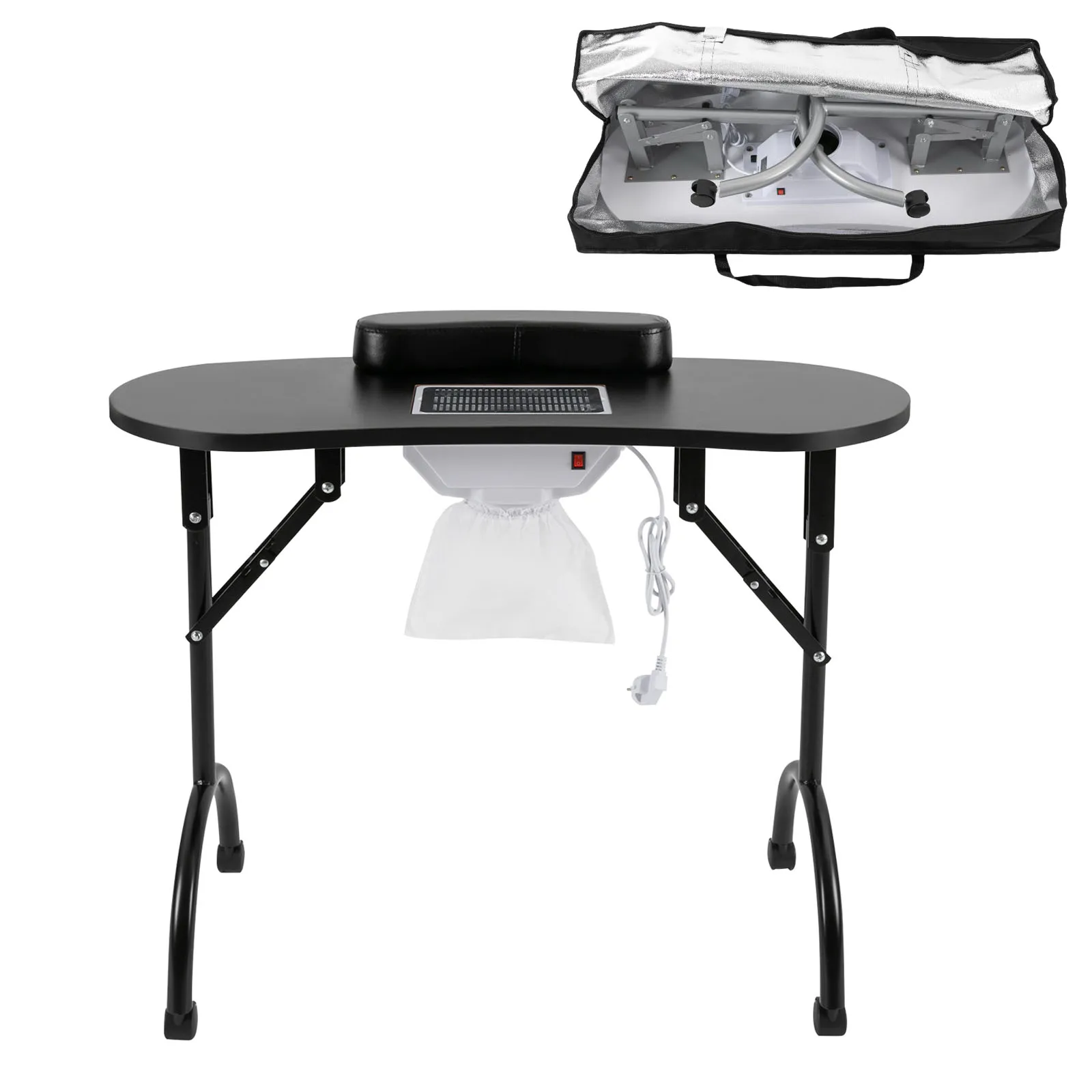 Manicure Table, Foldable Nail Desk with Carry Bag, Portable, with Wheels, Built-in Dust Collector, Black