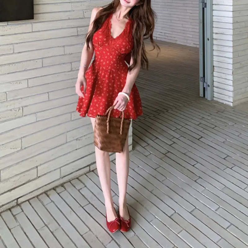 

Red Broken Flowers Lace Halter Mini Dress Summer Fashionable Backless Women's Clothing Sleeveless Hotsweet Waist A-Line Dresses