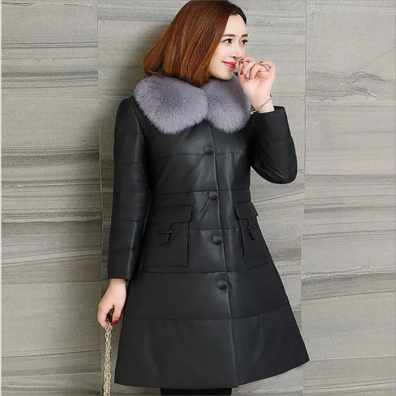 2024 New PU leather Coat Fur Imitation Fox Fur Collar Women's Jacket Mid-length Plus Cotton Thick PU Leather Slim Jacket