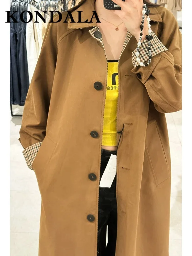

KONDALA 2025 Autumn Casual Woman Double-sided Reversible Trench Coat Plaid Single Breasted Fashion Pockets Vintage Mujer Trench