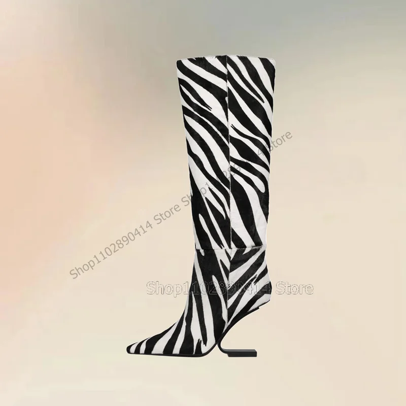 Zebra Print Strange Style Heels Pointed Toe Boots Side Zipper Women Shoes Novel Fashion Party Banquet 2023 Zapatos Para Mujere