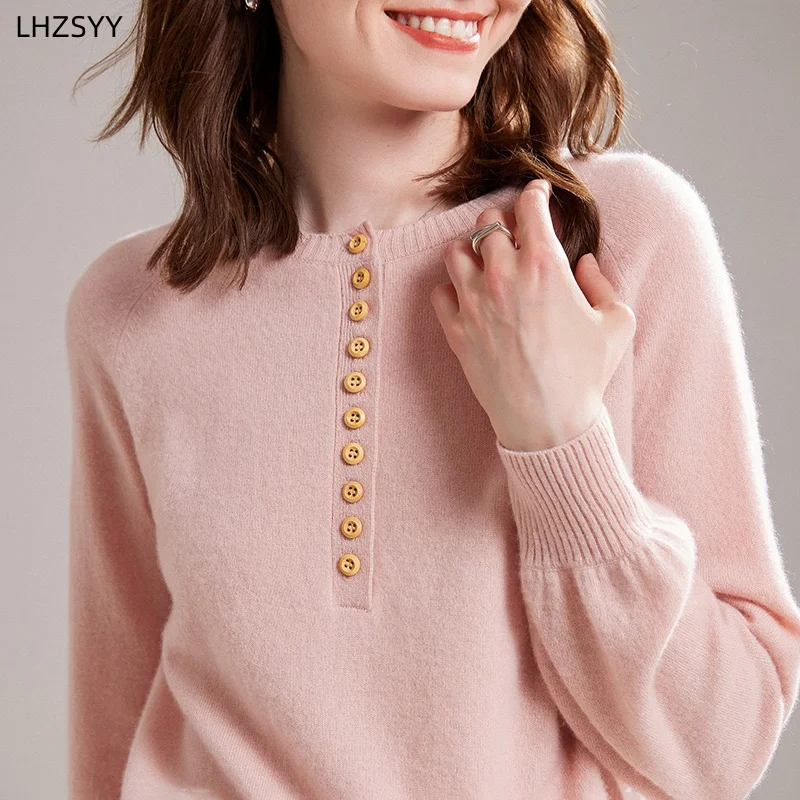 LHZSYY 100%Pure Goat Cashmere Sweater Ladies New Bubble Sleeve Pullover Buttons High-end Knit Base Shirt Autumn Joker Loose Tops