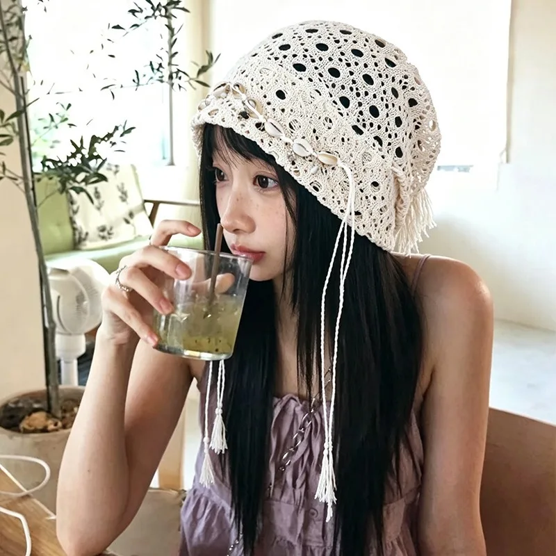 Japanese Ethnic Style Pendant Tassel Pullover Pile Hat Summer Tourism Niche Hollow Mesh Knitted Cold Caps for Women's