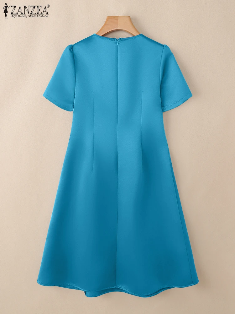 ZANZEA Stylish Fabric Flower Satin Knee-Length Dress Women Elegant Pintuck O-Neck Short Sleeve Fitted Waist A-Line Robes Femme - Image 3