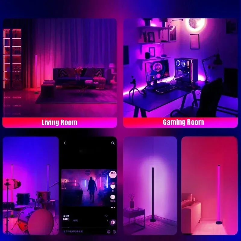 โคมไฟตั้งพื้นสไตล์โมเดิร์นเปลี่ยนสีได้ RGB ควบคุมผ่านแอพและรีโมท ซิงค์กับเพลง เหมาะสำหรับห้องนั่งเล่นและห้องเล่นเกม