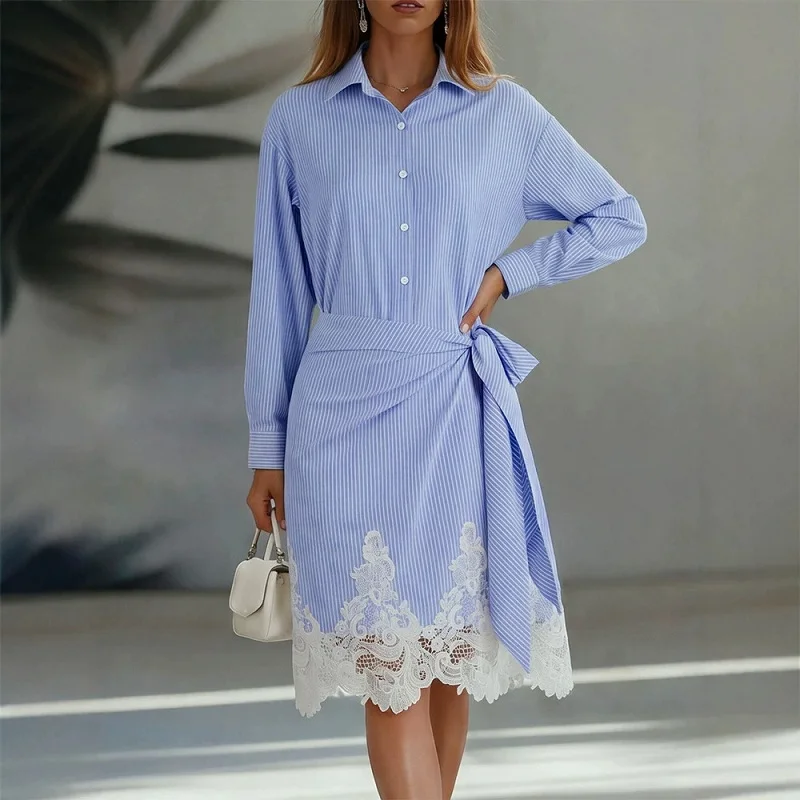 Women's Lapel Button Shirt and Lace Up Skirt 2pc Set Blue Striped Print Loose Outfit New Lace Patchwork Long Sleeved Autumn Suit