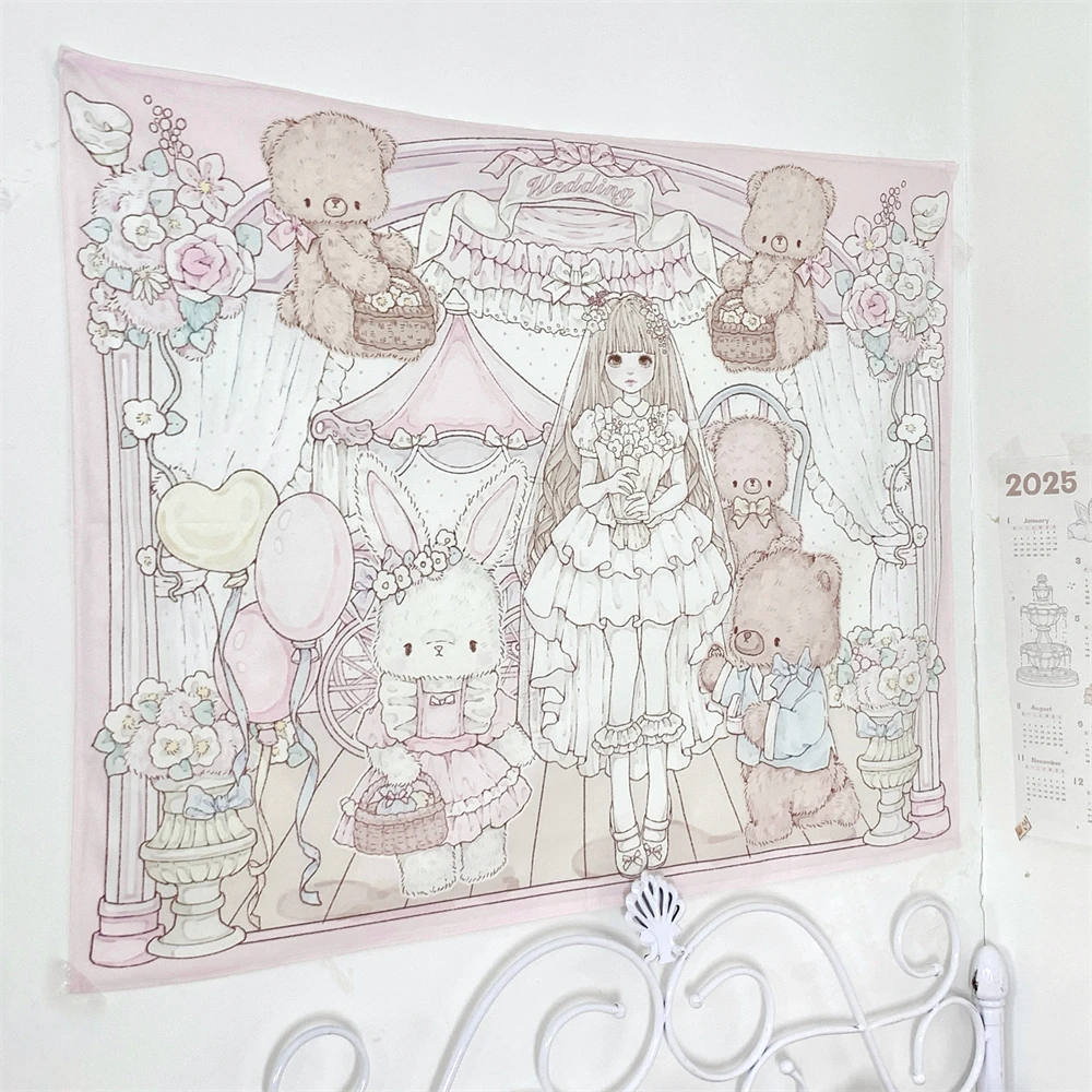 Cute Bedhead Tapestry Cartoon Girl Wedding Dress Rabbit Bear Printed Hanging Cloth Background Cloth Bedroom Home Pink Tapestry