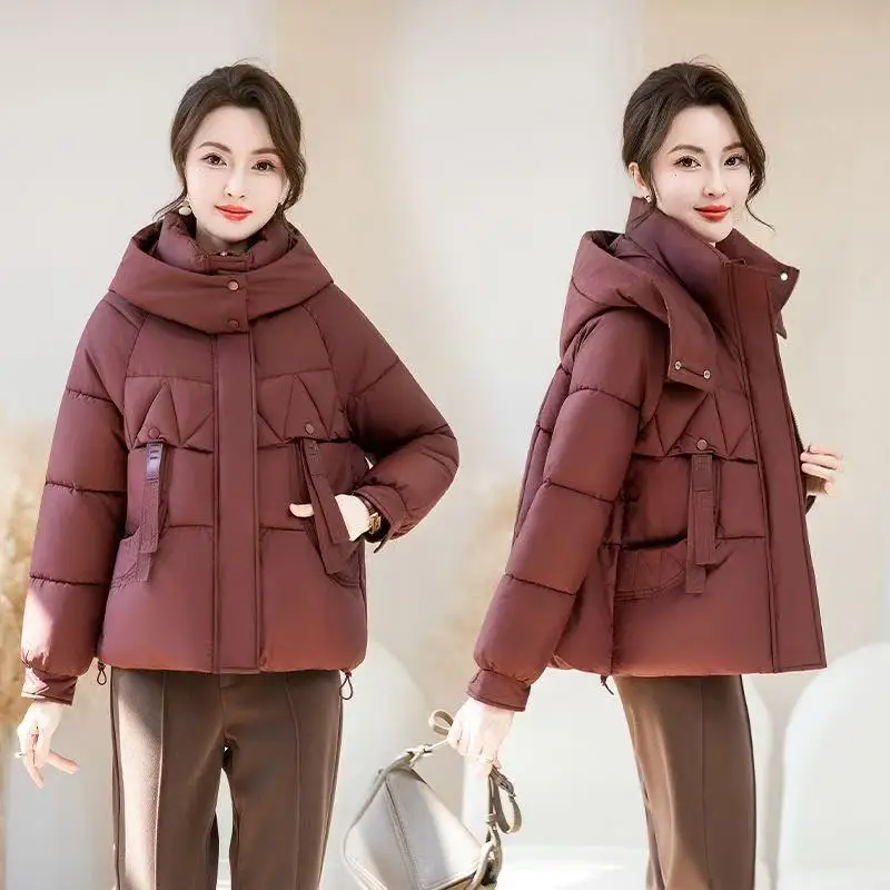 Moda Inverno Parka Breve Donna Giacche imbottite in cotone 2025 Nuovo Casual Spessore Caldo Cappotto con cappuccio Cerniere Allentato Capispalla femminile