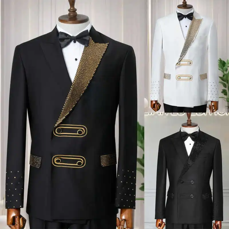 

Fashion Men's Suit 2 Pieces Jacket Pants Peaked Lapel Beading Formal Occasion Wedding Banquet Party Customized